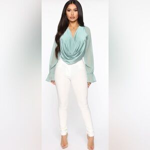 ✨ Fashion Nova Sage anything could be Draped Long Sleeve Bodysuit